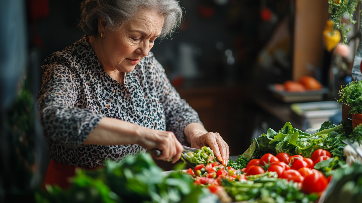 Щаслива жінка 60+ років готує здорову їжу з натуральних продуктів